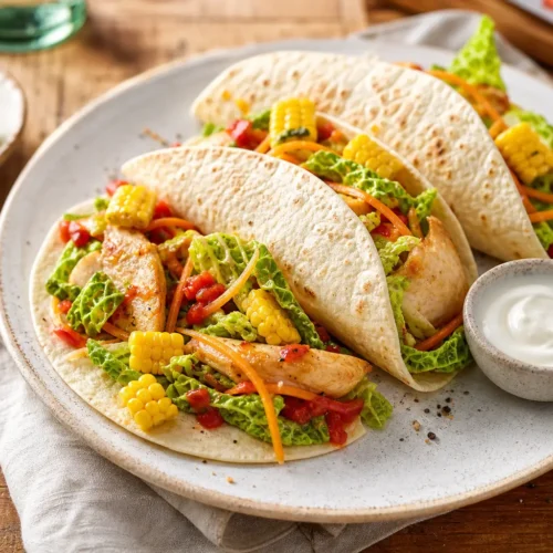 Tortillas al pollo con verdure croccanti, mais e salsa yogurt al lime