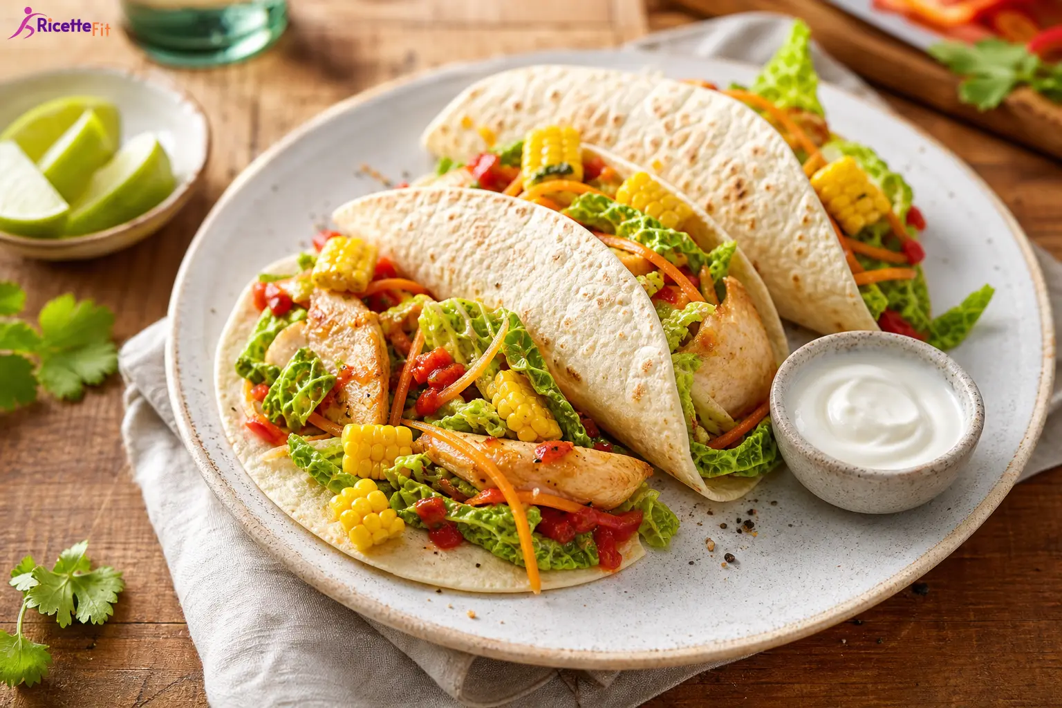 Tortillas al pollo con verdure croccanti, mais e salsa yogurt al lime