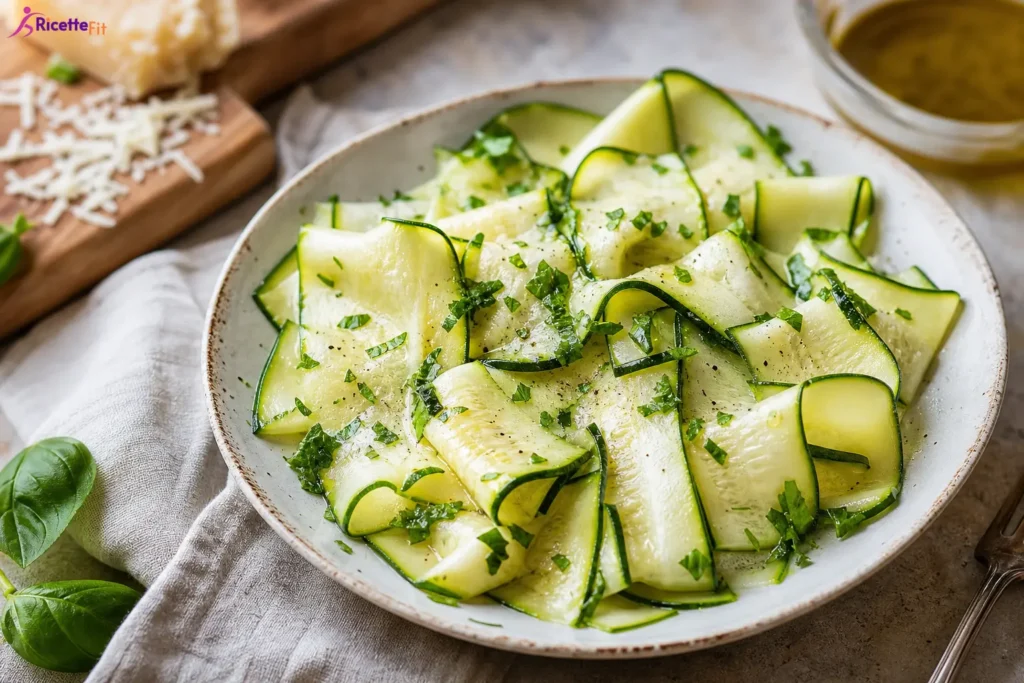 Zucchine alla menta e limone con nastri marinati ed erbe fresche