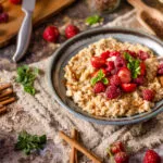 Overnight oats cremosi con fragole, lamponi, cannella e foglie di menta serviti in una ciotola.