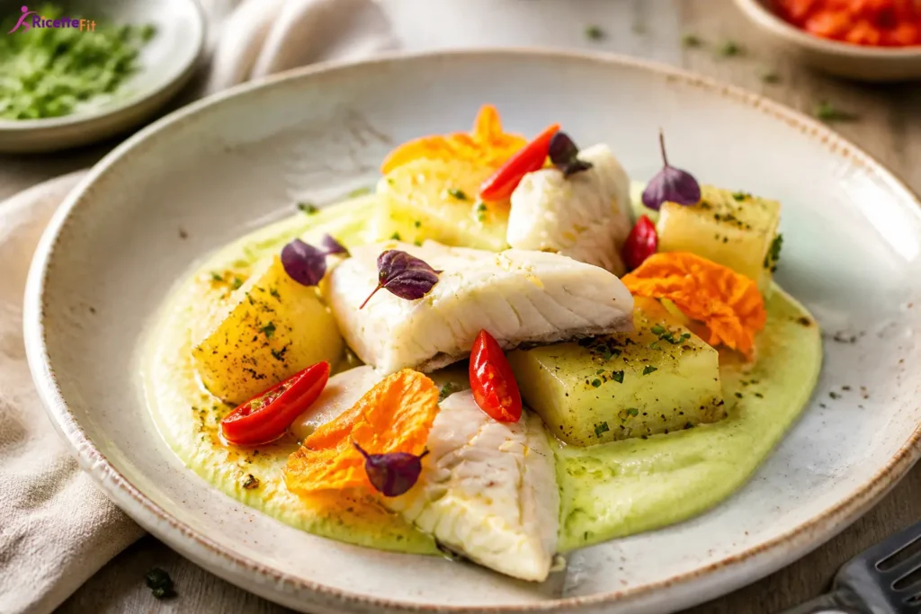 Branzino con fiori di zucca, patate e maionese leggera al prezzemolo