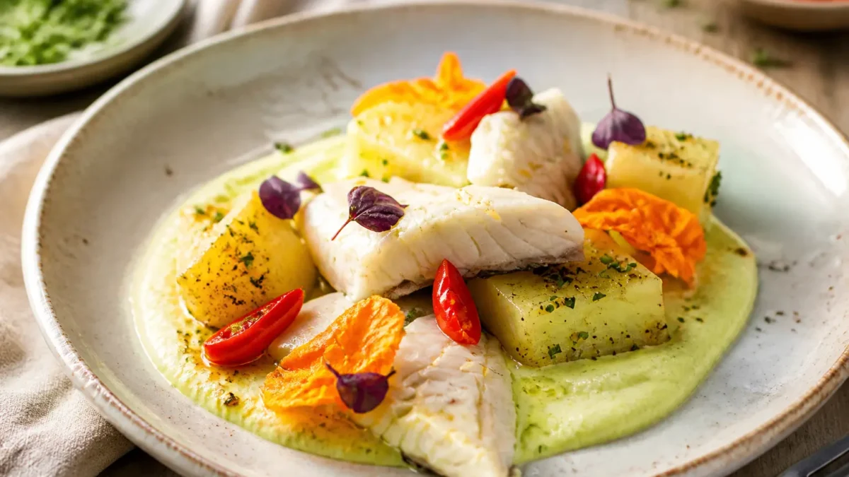 Branzino con fiori di zucca, patate e maionese leggera al prezzemolo