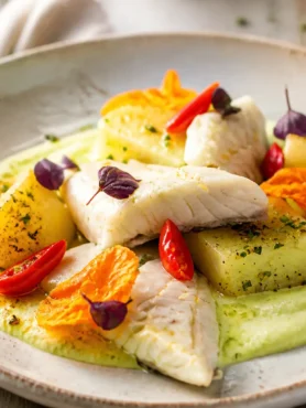 Branzino con fiori di zucca, patate e maionese leggera al prezzemolo