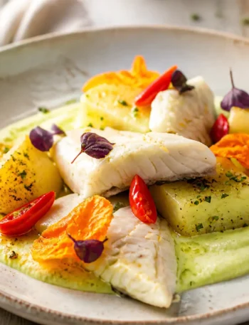Branzino con fiori di zucca, patate e maionese leggera al prezzemolo