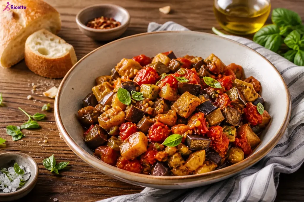 Caponata di melanzane siciliana fit con pomodorini, olive e basilico