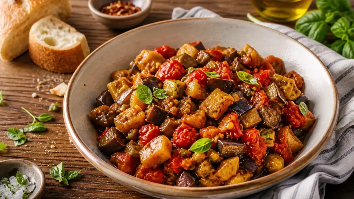 Caponata di melanzane siciliana fit con pomodorini, olive e basilico