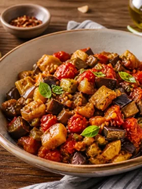 Caponata di melanzane siciliana fit con pomodorini, olive e basilico