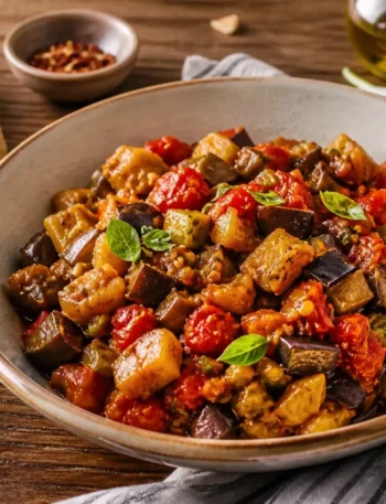 Caponata di melanzane siciliana fit con pomodorini, olive e basilico