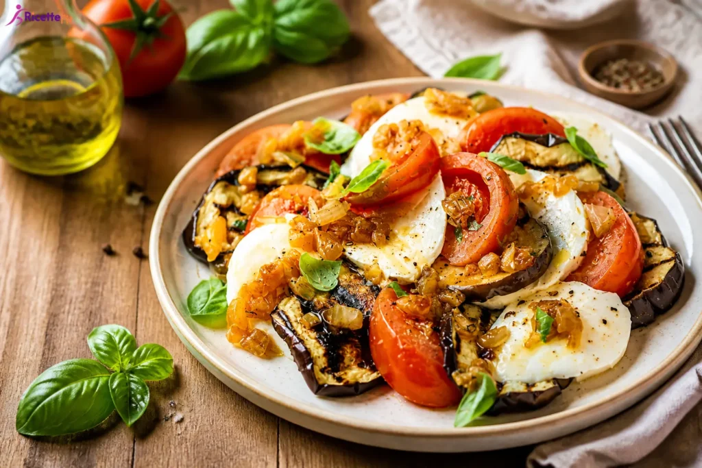 Carpaccio di melanzane grigliate con mozzarella, pomodori, basilico e peperoni