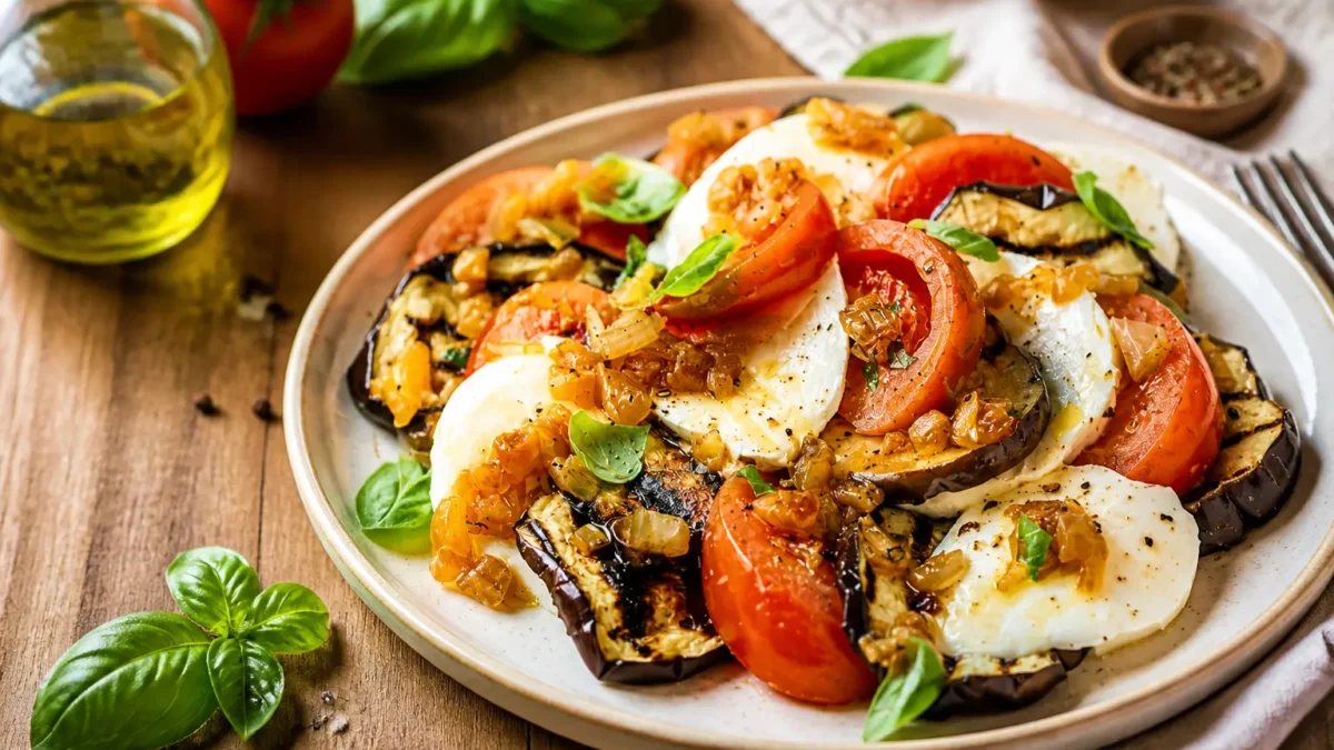 Carpaccio di melanzane grigliate con mozzarella, pomodori, basilico e peperoni