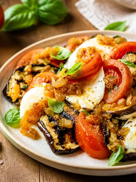 Carpaccio di melanzane grigliate con mozzarella, pomodori, basilico e peperoni
