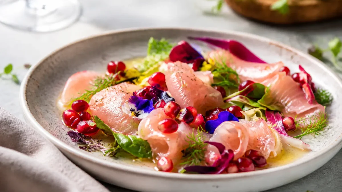 Carpaccio di ricciola con melograno, lime, zenzero e misticanza