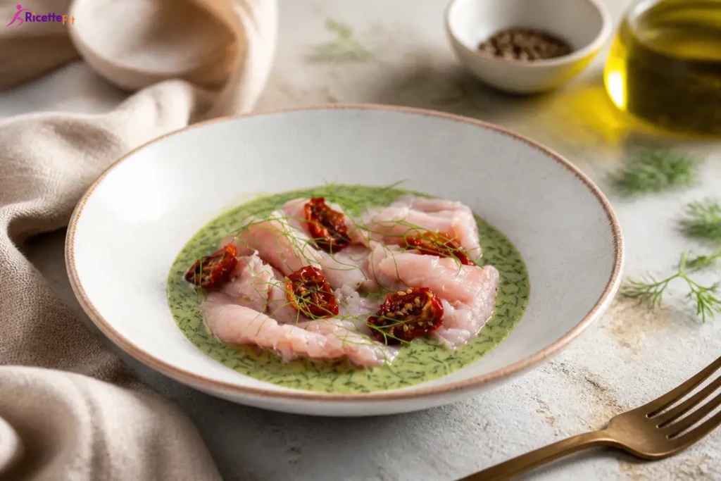Carpaccio di vitello con salsa verde alle alici, finocchietto e pomodorini secchi