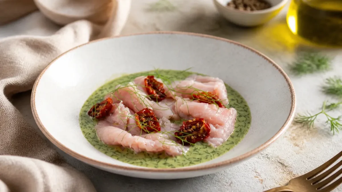 Carpaccio di vitello con salsa verde alle alici, finocchietto e pomodorini secchi
