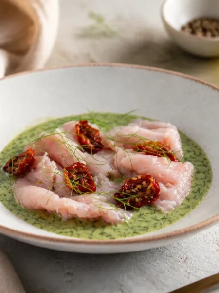 Carpaccio di vitello con salsa verde alle alici, finocchietto e pomodorini secchi