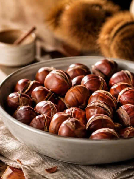 Castagne al forno morbide in ciotola, facili da sbucciare
