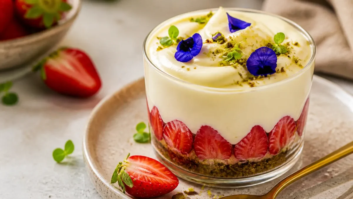 Crema chantilly leggera con fragole e crumble al pistacchio in bicchiere