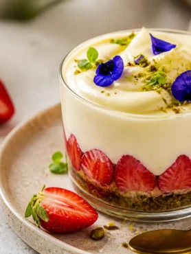 Crema chantilly leggera con fragole e crumble al pistacchio in bicchiere