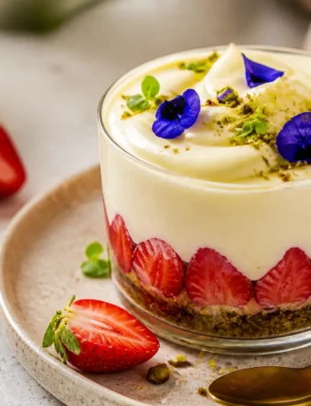 Crema chantilly leggera con fragole e crumble al pistacchio in bicchiere