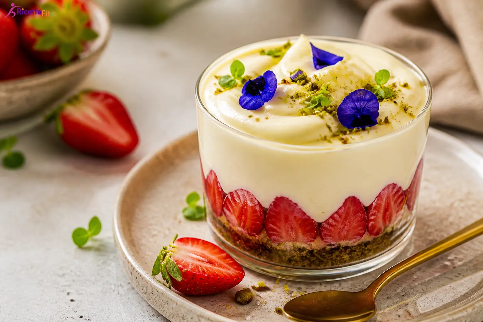 Crema chantilly leggera con fragole e crumble al pistacchio in bicchiere