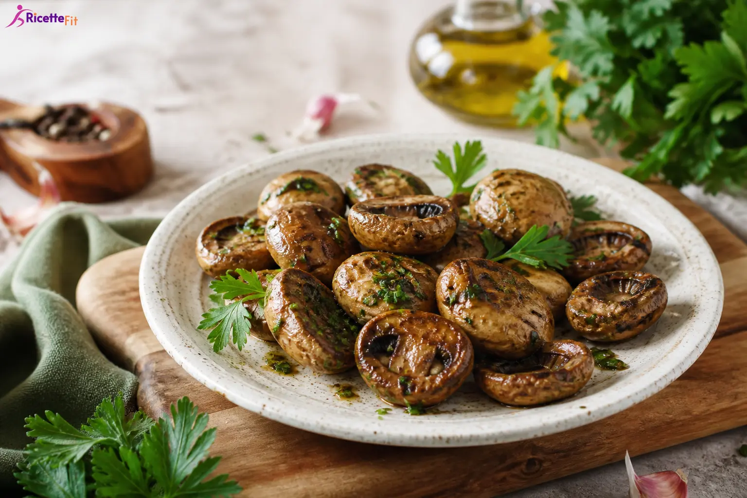 Funghi arrostiti e marinati con prezzemolo fresco