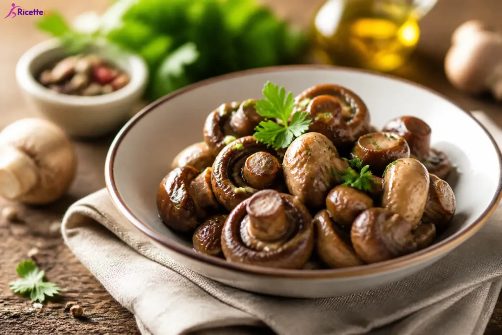 Funghi champignon al forno con prezzemolo in ciotola
