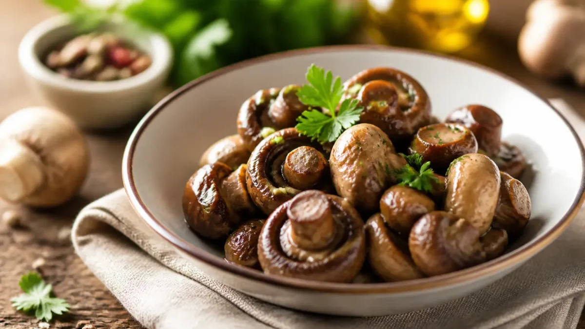 Funghi champignon al forno con prezzemolo in ciotola