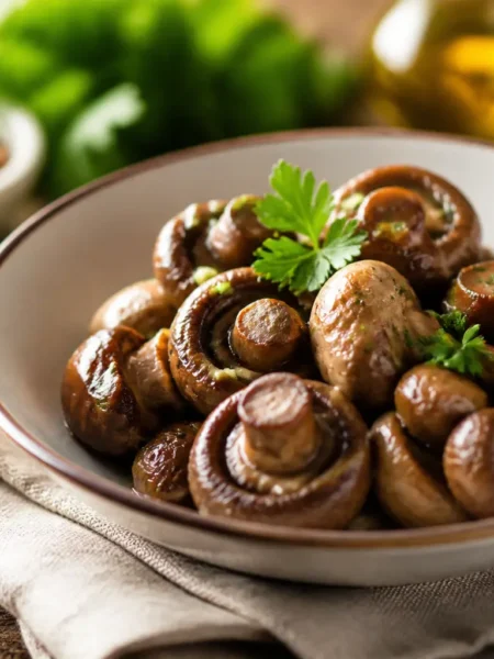Funghi champignon al forno con prezzemolo in ciotola