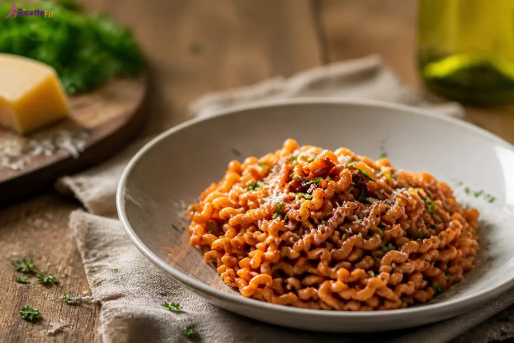 Fusilli integrali al vino rosso con pomodoro, parmigiano e prezzemolo