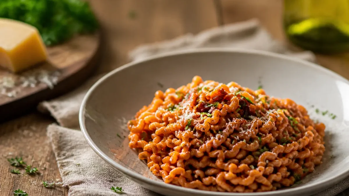 Fusilli integrali al vino rosso con pomodoro, parmigiano e prezzemolo