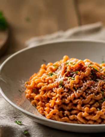 Fusilli integrali al vino rosso con pomodoro, parmigiano e prezzemolo