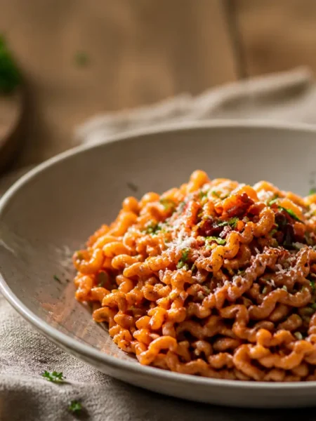 Fusilli integrali al vino rosso con pomodoro, parmigiano e prezzemolo