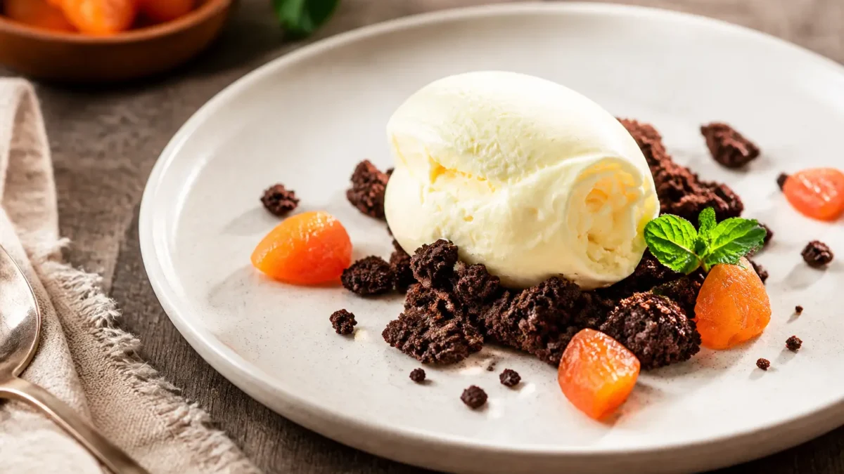 Gelato allo zenzero con crumble di cacao e pezzi di arancia
