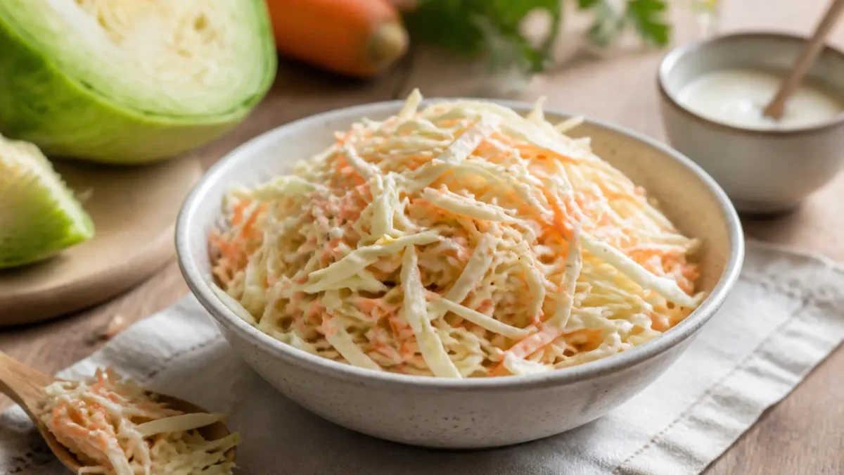 Insalata coleslaw fit con cavolo cappuccio, carote e salsa allo yogurt