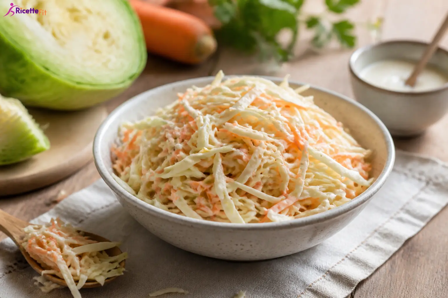 Insalata coleslaw fit con cavolo cappuccio, carote e salsa allo yogurt