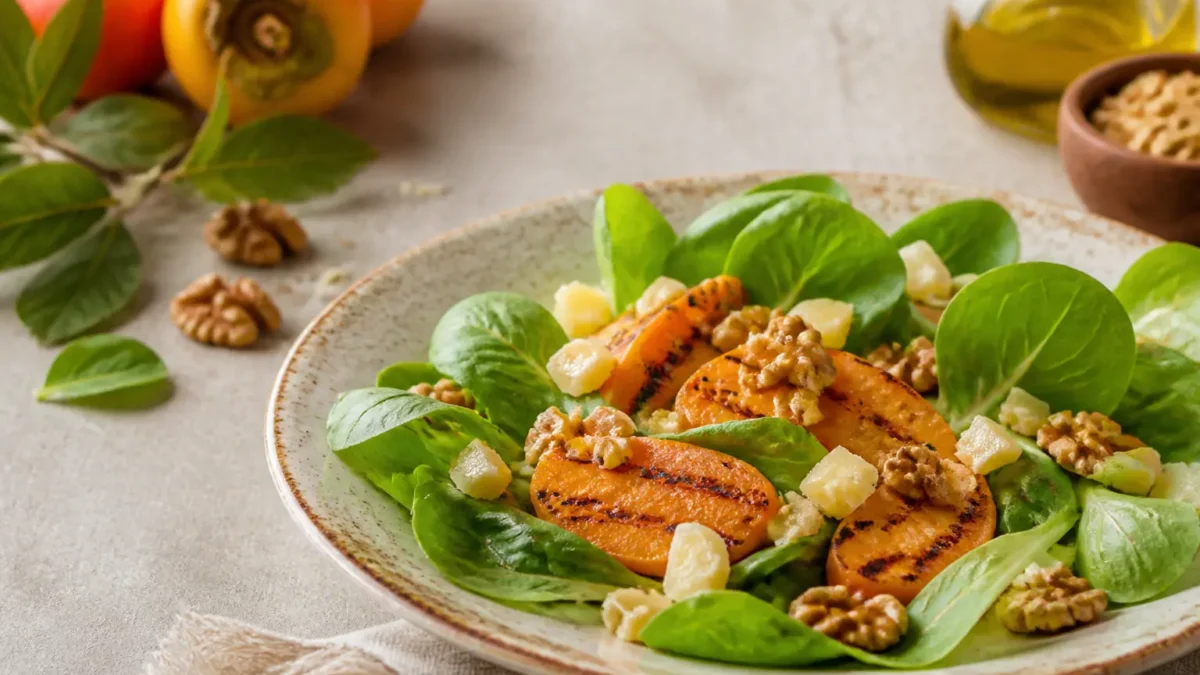 Insalata con cachi grigliati, valeriana, pecorino e noci