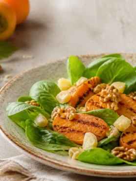 Insalata con cachi grigliati, valeriana, pecorino e noci