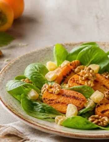 Insalata con cachi grigliati, valeriana, pecorino e noci