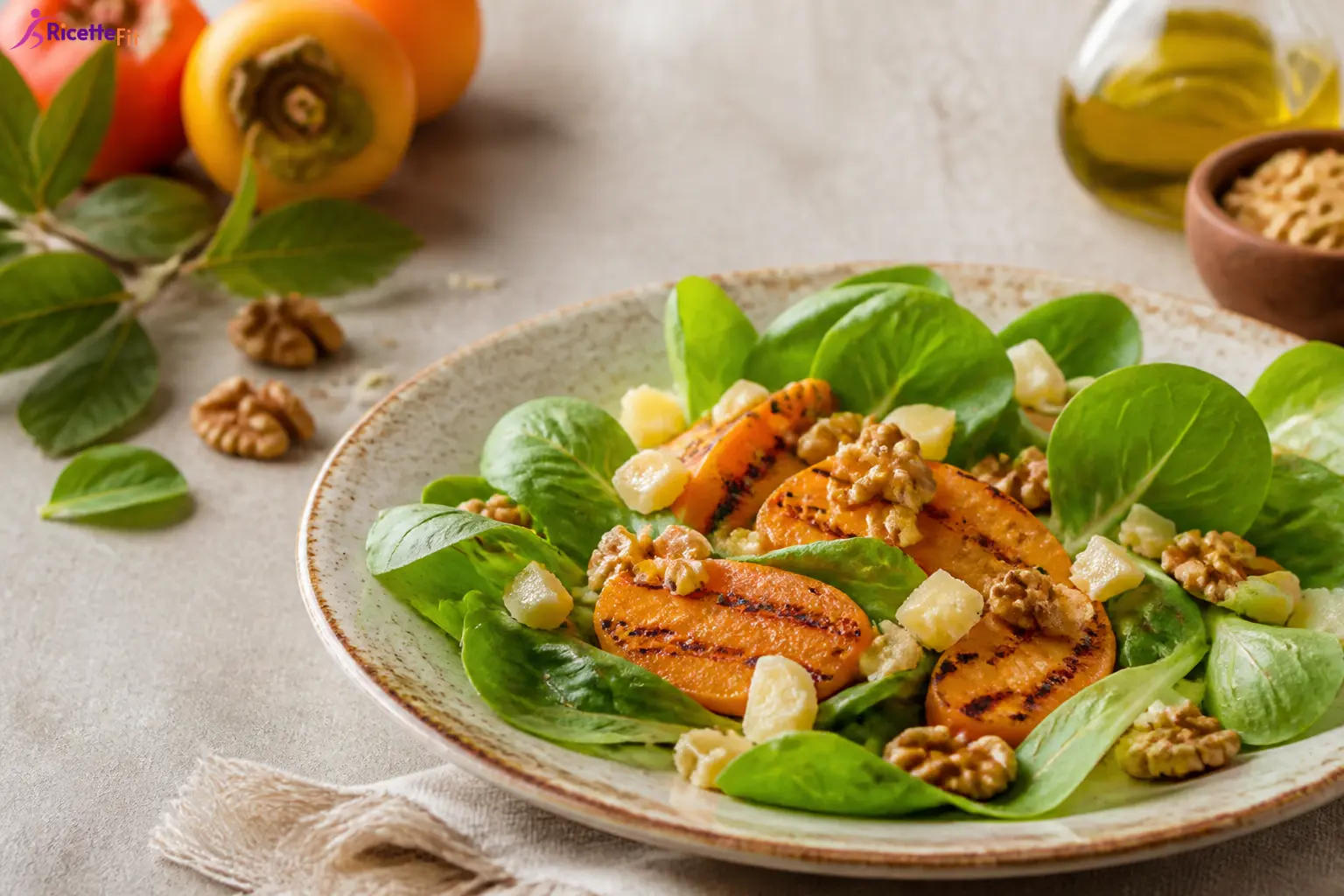 Insalata con cachi grigliati, valeriana, pecorino e noci