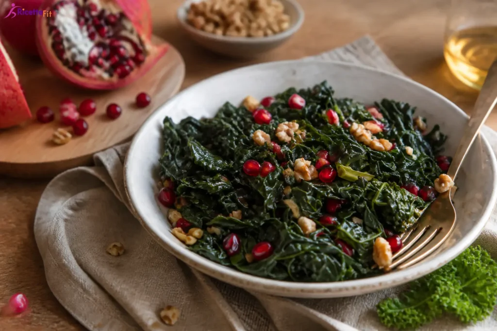 Insalata tiepida di cavolo nero con melagrana e noci in ciotola