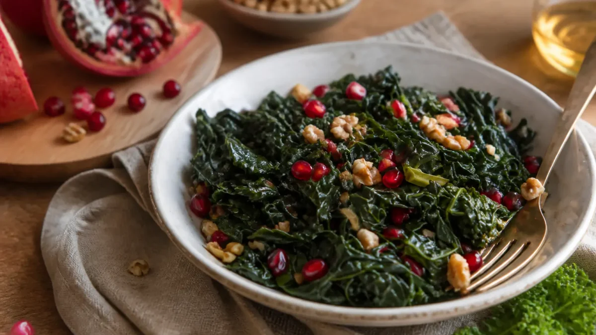 Insalata tiepida di cavolo nero con melagrana e noci in ciotola