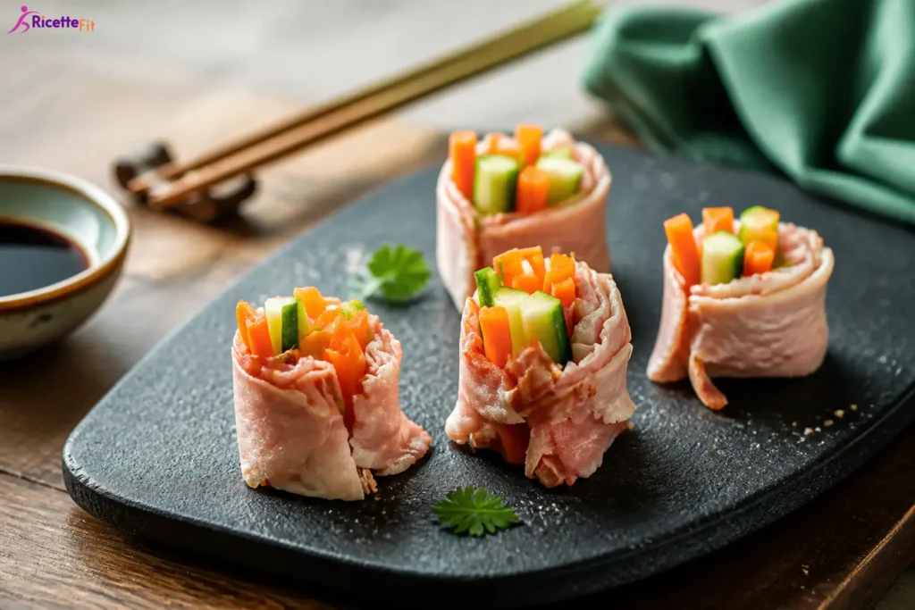 Involtini di girello con verdure croccanti su piatto nero