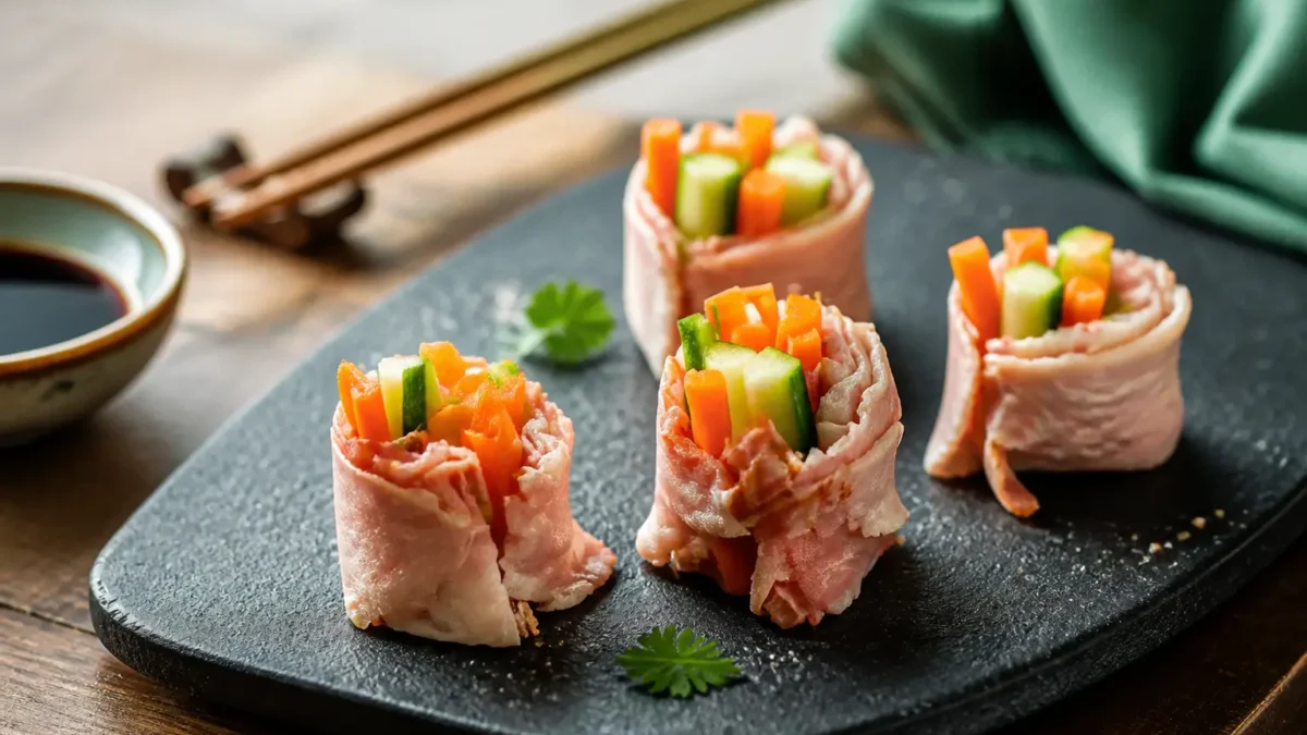 Involtini di girello con verdure croccanti su piatto nero