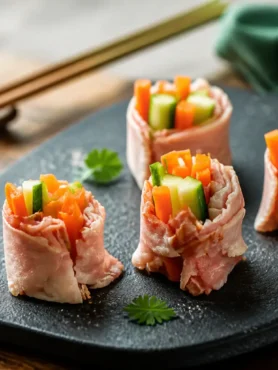Involtini di girello con verdure croccanti su piatto nero