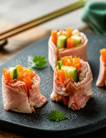 Involtini di girello con verdure croccanti su piatto nero