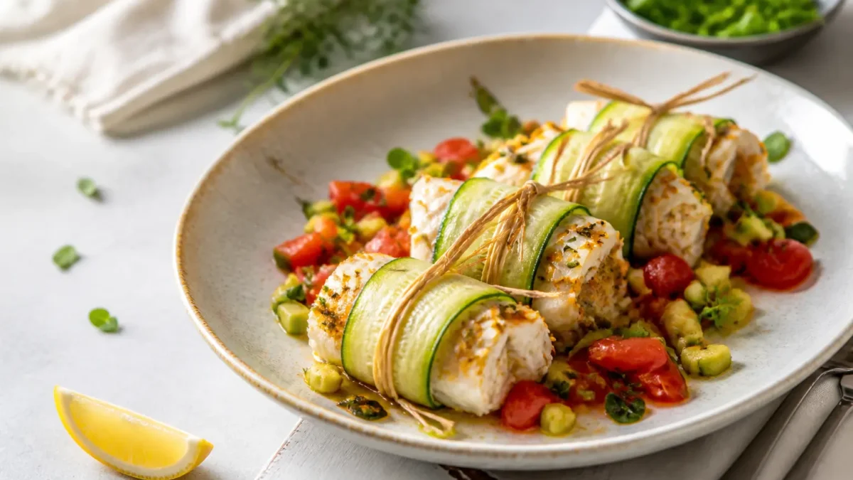Involtini di orata e zucchine con pomodorini e limone