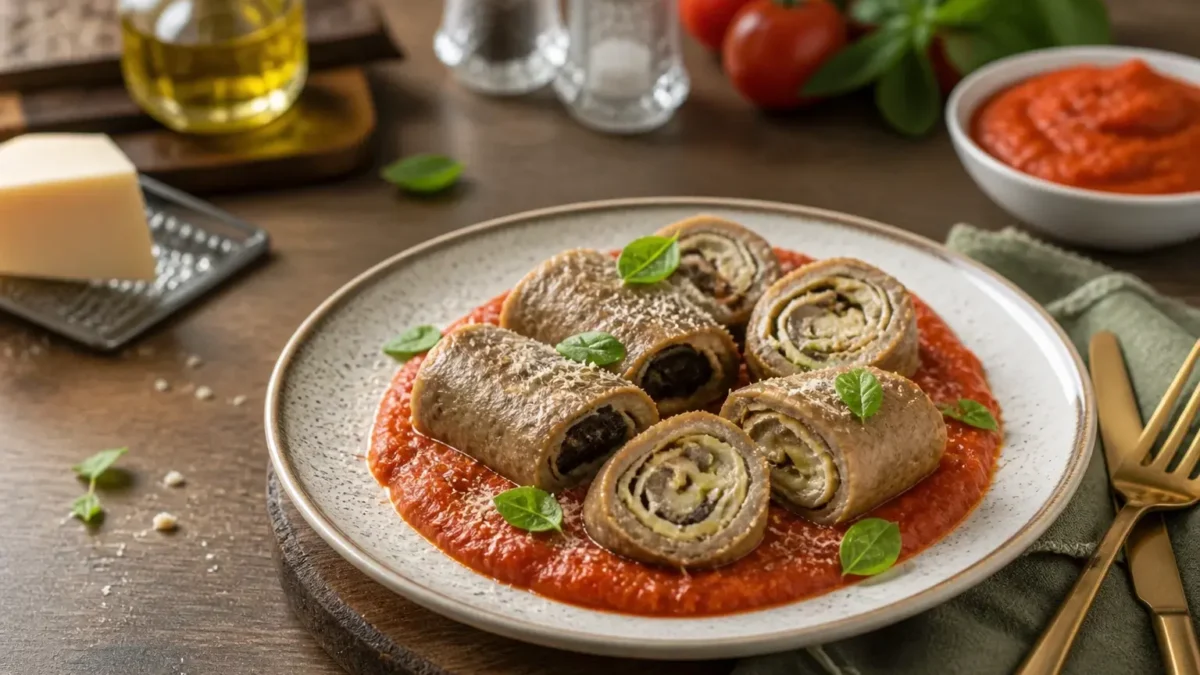 Involtini di vitello con melanzane e provola su crema di pomodori arrosto