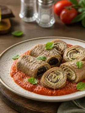 Involtini di vitello con melanzane e provola su crema di pomodori arrosto