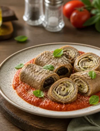 Involtini di vitello con melanzane e provola su crema di pomodori arrosto