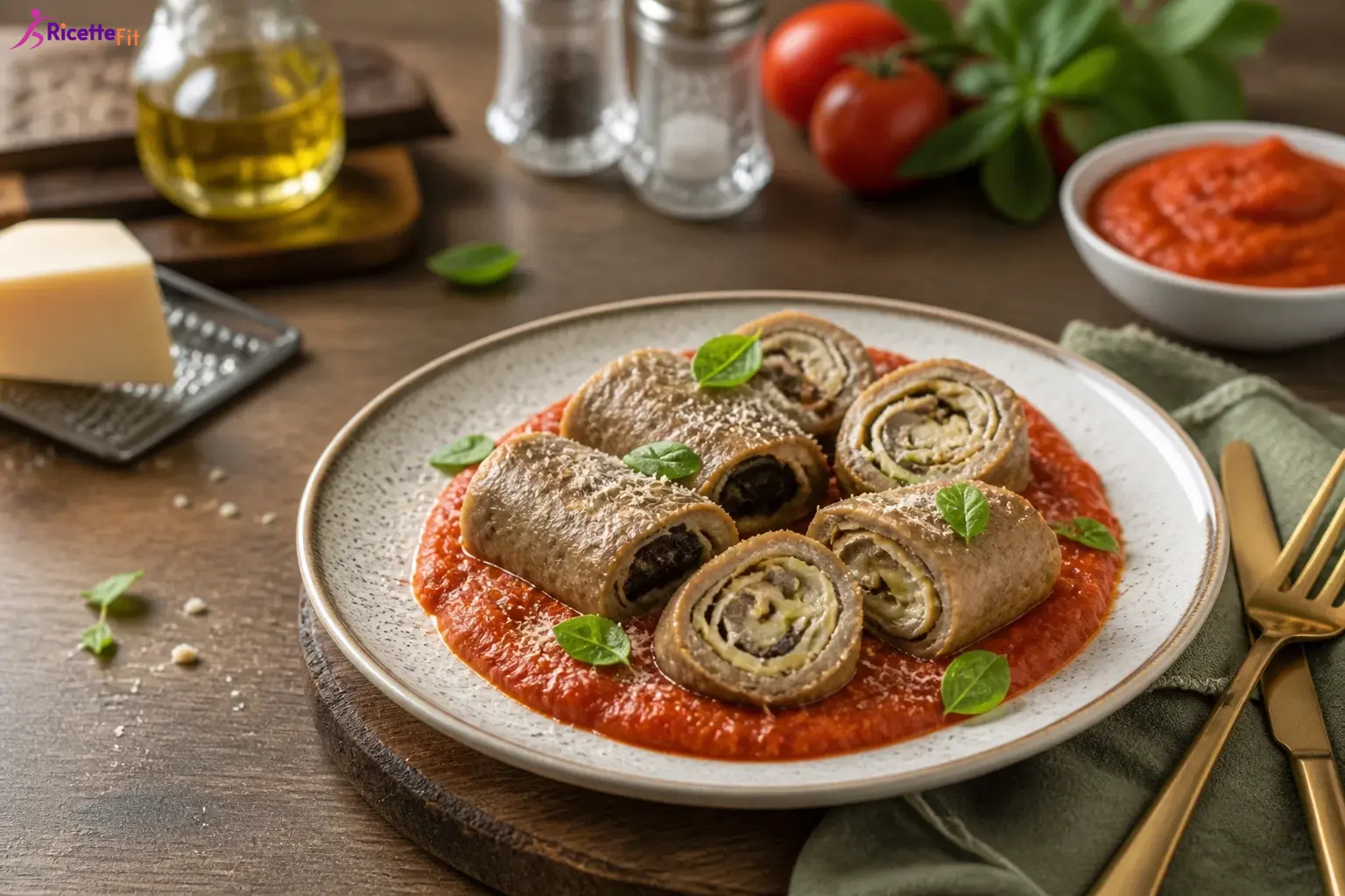 Involtini di vitello con melanzane e provola su crema di pomodori arrosto